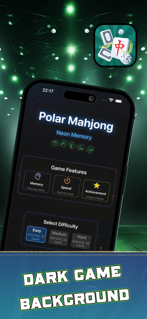 Polar Mahjong Hauptmenübildschirm auf einem iPhone, der Spielfunktionen und die Auswahl des Schwierigkeitsgrads auf einem dunklen Neonhintergrund zeigt