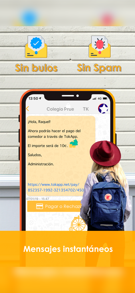 TokApp - TokApp mobile interface showing a secure school cafeteria payment request
