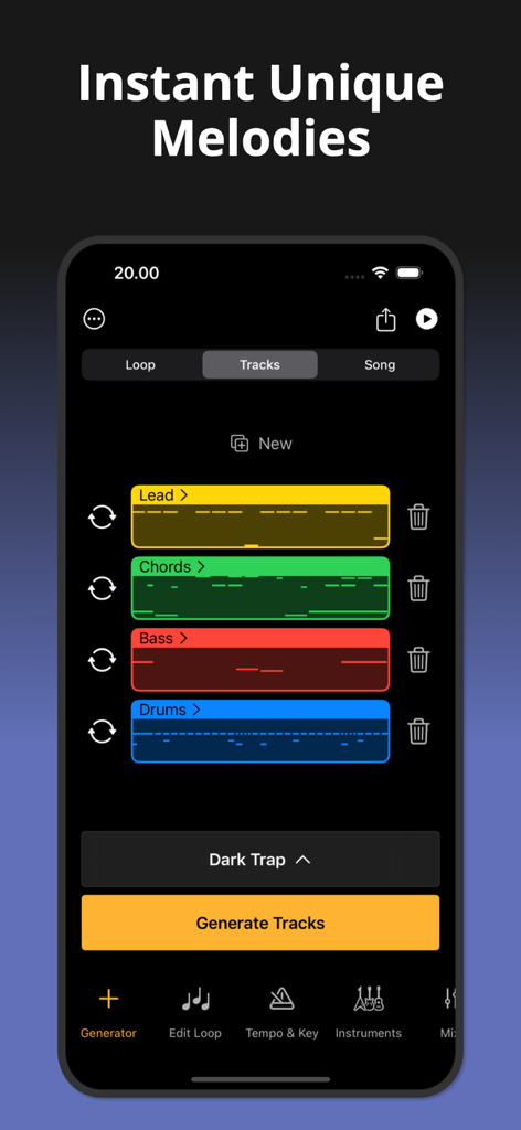 Songen: Instant MIDI Generator - Interface of Songen app showing generated MIDI tracks for lead, chords, bass, and drums in the dark trap genre