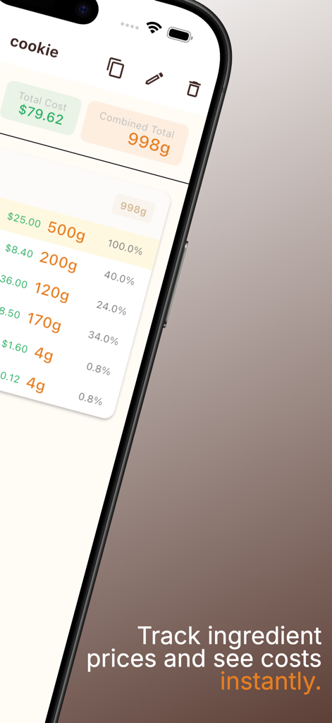 Bake Master: Baking Calculator - Bake Master App-Oberfläche mit Zutatenmengen, Bäckerprozenten und Gesamtberechnungen der Rezeptkosten.