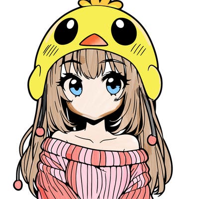 anime girl with chick shaped hat with sweater with bare shoulders with bangs covering them one eye with low tail