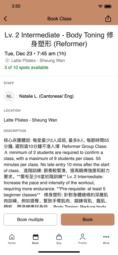 Latte Pilates HK - Interface for booking an intermediate reformer Pilates class at Latte Pilates HK