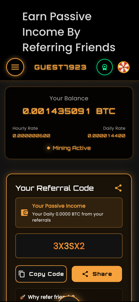 Bitcoin Mining · Crypto Mining - 사용자 추천 코드와 현재 BTC 잔액을 보여주는 비트코인 채굴 앱 인터페이스