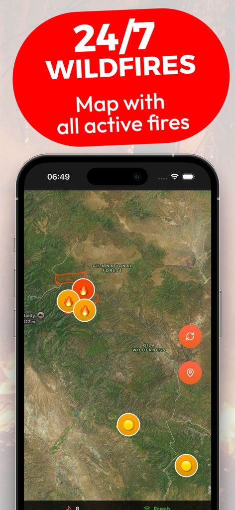 Mapa satelital de Wildfire App mostrando ubicaciones de incendios activos en el Bosque Nacional Gila