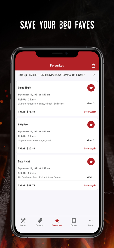 Montanas BBQ & Bar - Captura de tela do aplicativo móvel Montanas BBQ and Bar mostrando a seção Favoritos onde os usuários podem salvar e pedir novamente suas refeições de churrasco favoritas, como os combos Game Night e Date Night