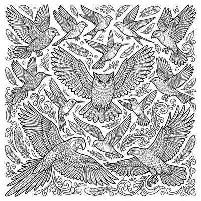 Discover a stunning collection of intricate bird line art patterns designed to fill your page with feathered beauty. This detailed coloring template offers a captivating experience for all bird lovers and aspiring artists.