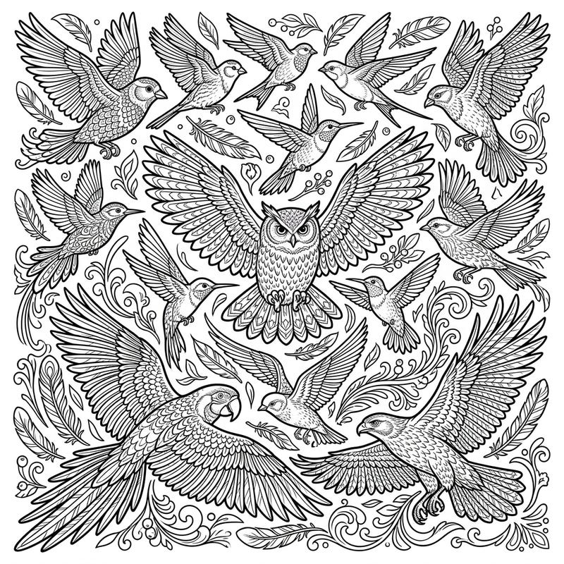 Discover a stunning collection of intricate bird line art patterns designed to fill your page with feathered beauty. This detailed coloring template offers a captivating experience for all bird lovers and aspiring artists.