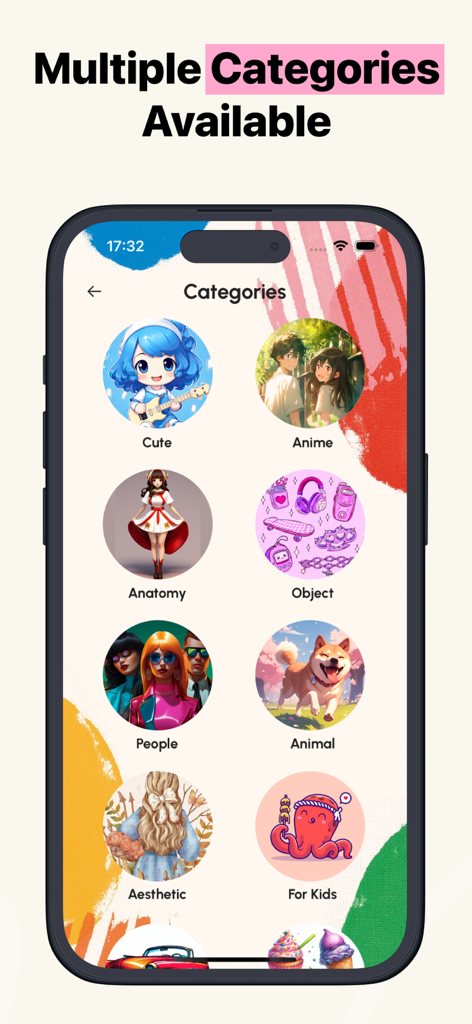 AR Drawing: Sketch Paint Trace - Interface d'application mobile affichant plusieurs catégories de dessin, y compris les modèles Anime Mignon et Esthétique.
