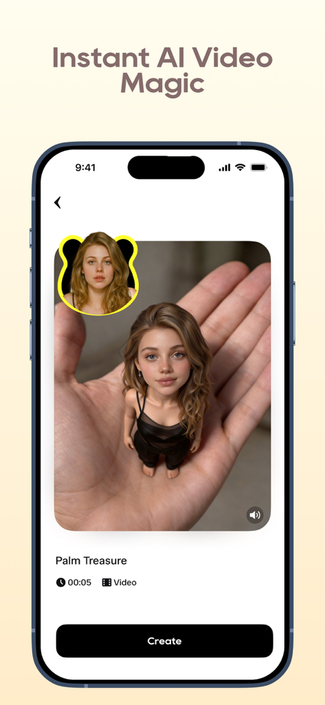 Quokka: AI Video Effects Maker - Quokka app interface showing an AI video effect called Palm Treasure featuring a miniature person on a hand