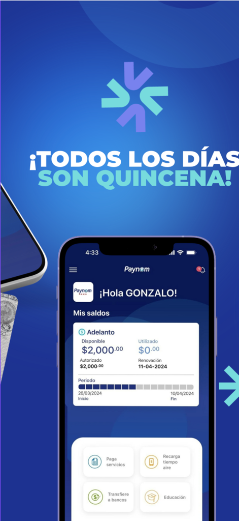 Paynom - Panel principal de la aplicación móvil Paynom mostrando un saldo de adelanto de salario y opciones para pagar facturas y recargar saldo
