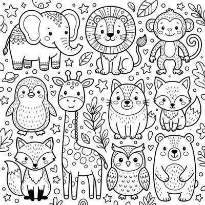 Embark on a charming coloring journey with these adorable animal figurines, specially designed to captivate young imaginations. This delightful page features a menagerie of friendly creatures, offering hours of creative fun for kids aged 4-8.