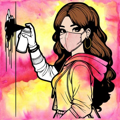 realistic girl with mask spray painting a wall