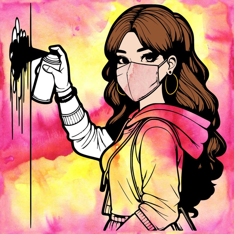 realistic girl with mask spray painting a wall