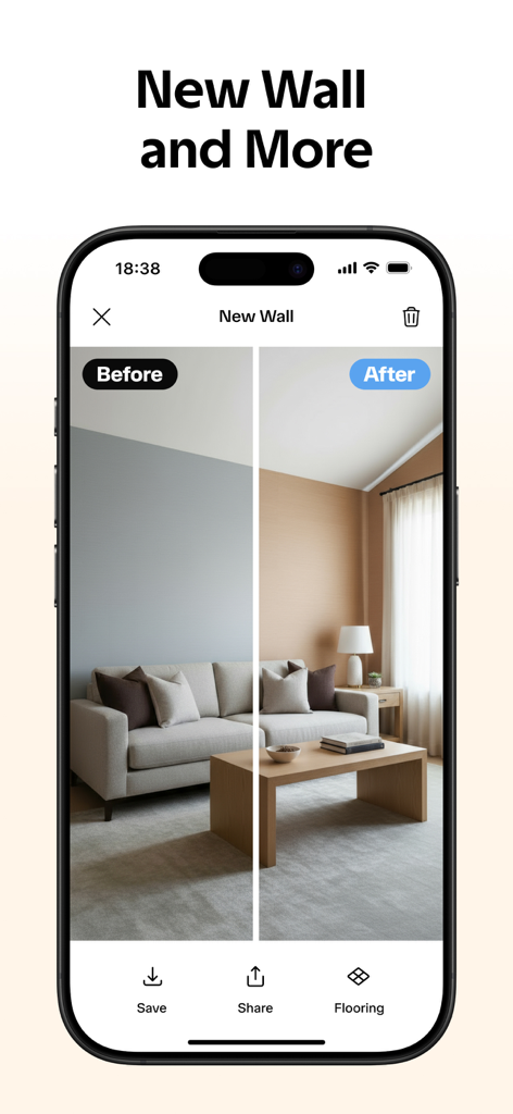 AI Decorアプリを使用して、新しい壁の色と質感を示すリビングルームの再デザインのビフォーアフター比較。