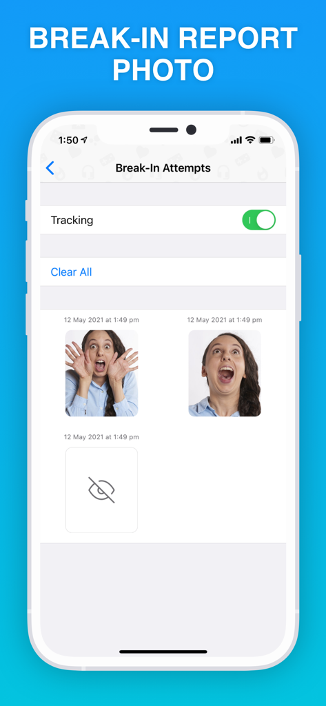 Safe Lock app break-in report screen displaying photos of unauthorized access attempts