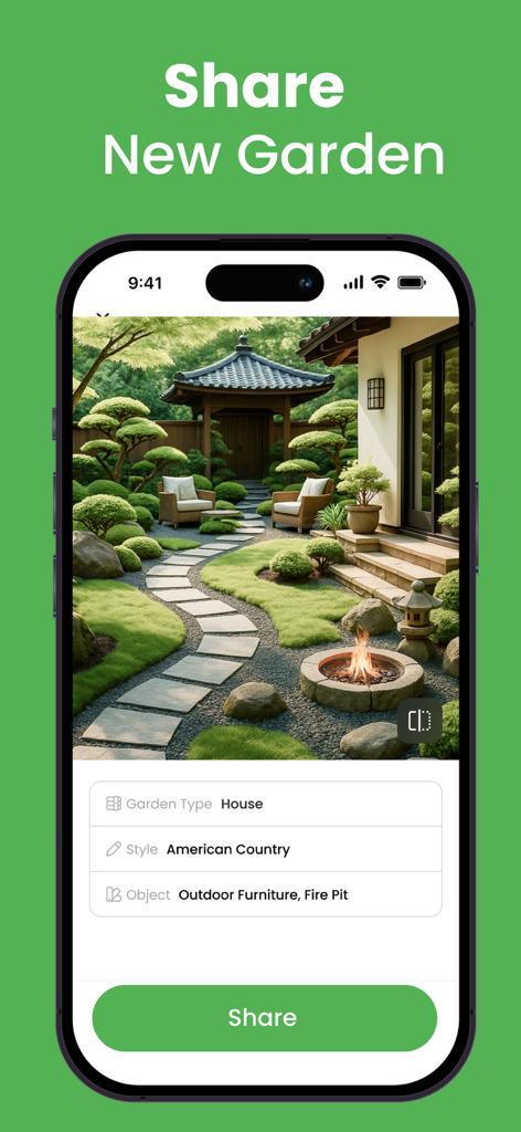 AI Garden- AI Landscape Design - Interface of AI Garden app showing a completed garden design with a stone path and fire pit ready for sharing.