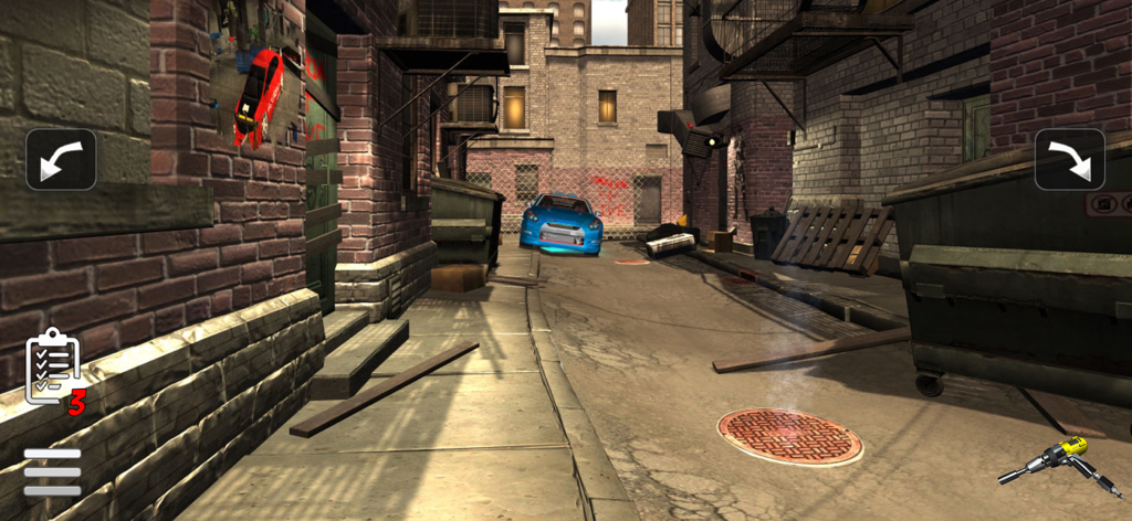 Fix My Car: Premium - Gameplay screenshot of Fix My Car Premium showing a blue sports car in an urban alley with repair tool icons