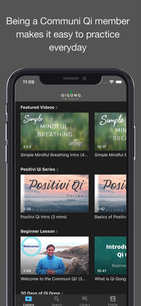 A smartphone screen displaying the Think Vitality app interface with Qigong video courses for mindful breathing and wellness.