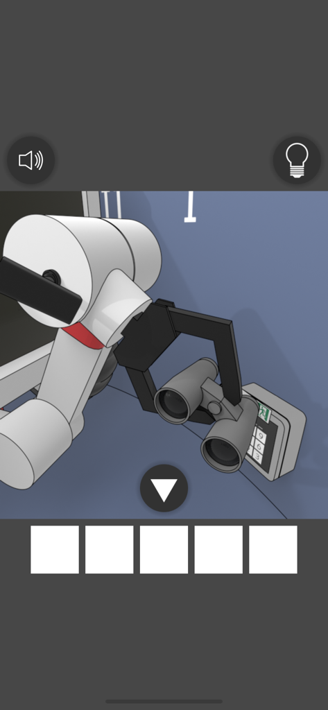 Space Museum Escape - Robotic arm holding binoculars near a numeric keypad puzzle in the Space Museum Escape mobile game