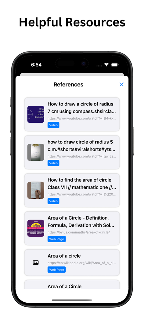 Easy Maths - AI Math Solver - Easy Maths app screen displaying a list of helpful math learning resources including YouTube videos and web links