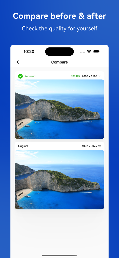 Photo & Picture Resizer - Confronto fianco a fianco di immagini originali e ridimensionate che non mostrano perdita di qualità