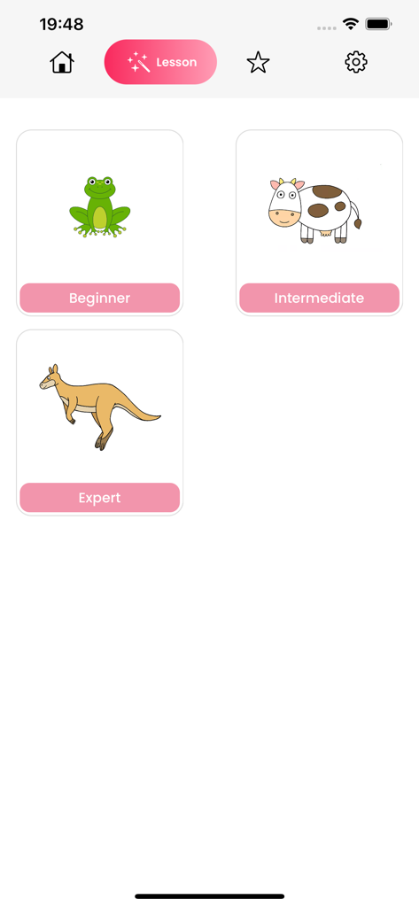 AR Drawing - Trace to Sketches - AR Drawing app screen showing drawing lesson categories for beginner intermediate and expert levels with animal illustrations