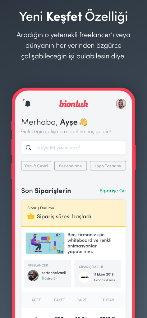 Bionluk - Bionluk mobile app interface showing home screen with search bar and active order status