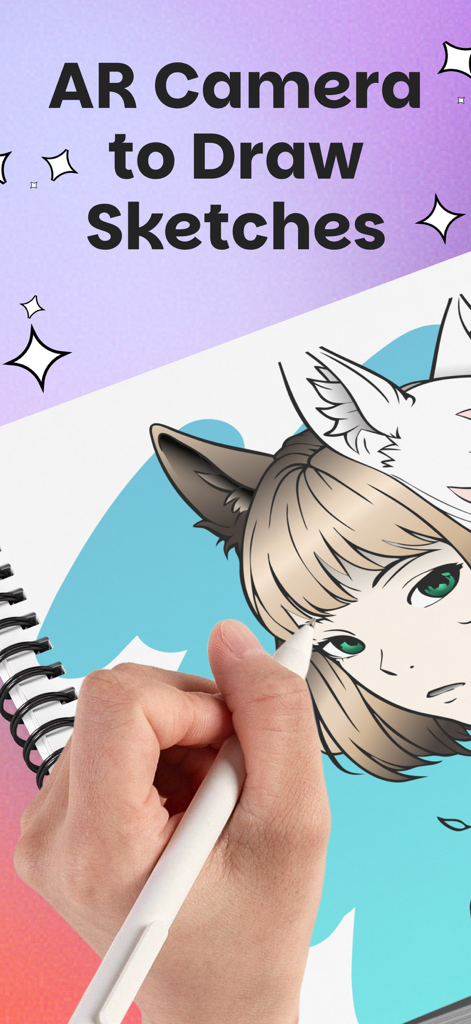 Hand drawing an anime character in a notebook using the AR camera tracing feature