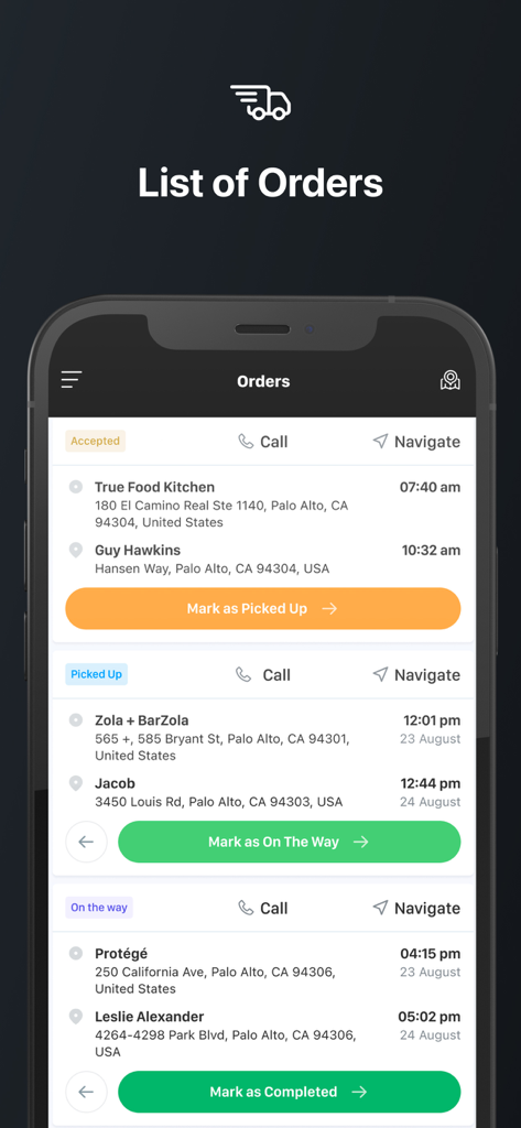 Pantalla de teléfono inteligente que muestra la lista de pedidos de My Driver App con estados de entrega y direcciones de clientes