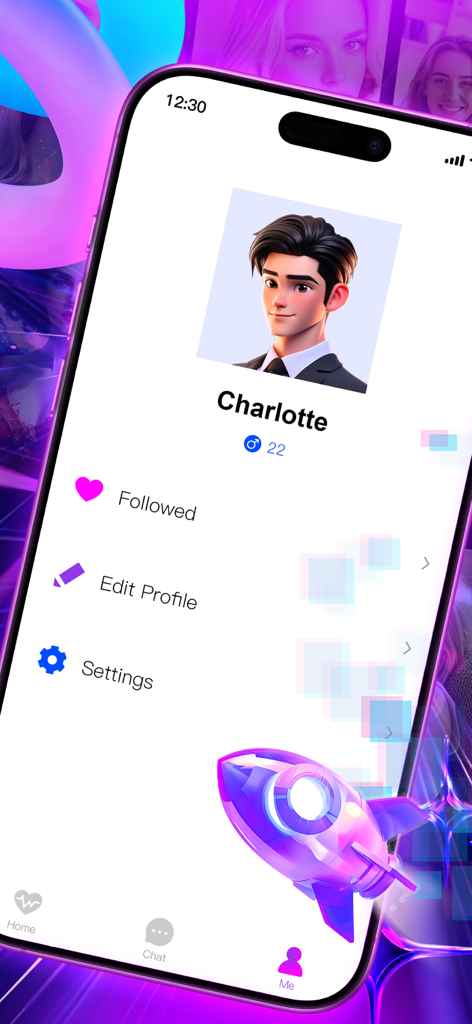 User profile screen in the MetaChat app showing a 3D male avatar and account settings