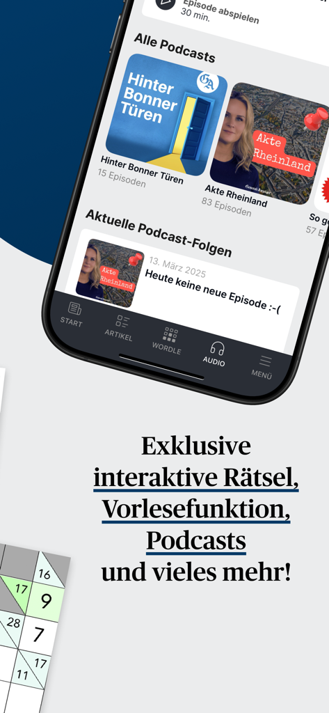 GA ePaper app interface showing regional podcasts and interactive puzzles