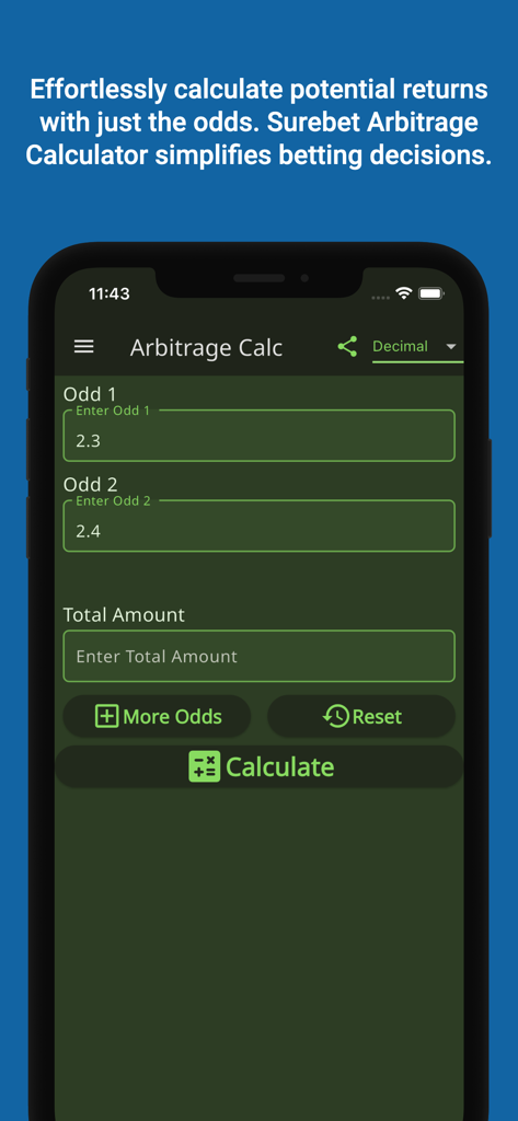 Surebet Arbitrage Calculator - Surebet Arbitrage Calculator user interface for entering odds and calculating betting returns
