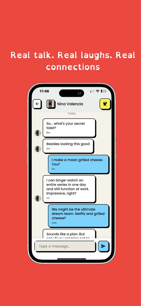 Ping 데이트 앱 채팅 화면 스크린샷, '진솔한 대화, 진솔한 웃음, 진솔한 관계'라는 헤더와 함께 두 전문가 간의 가벼운 대화 표시