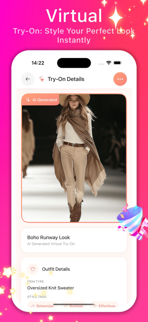 Talki - Fun & Share - Talki mobile app displaying an AI generated virtual try on for a bohemian runway outfit