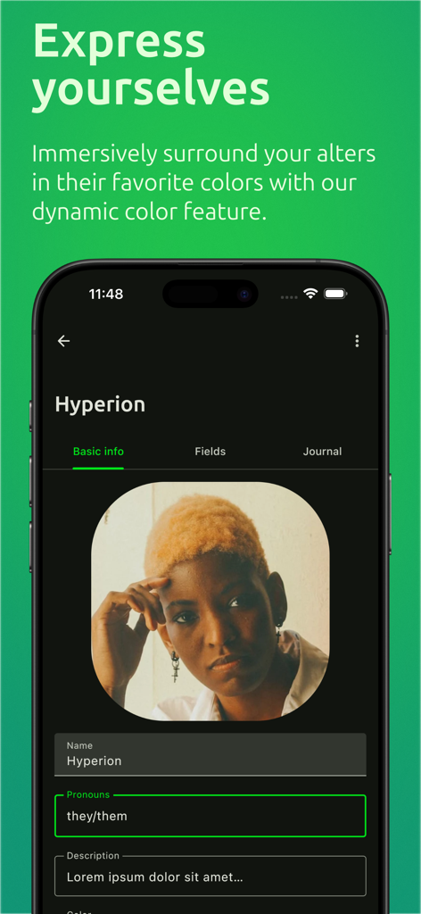 Mobile app interface of Octocon displaying an individual alter profile with custom fields for name and pronouns