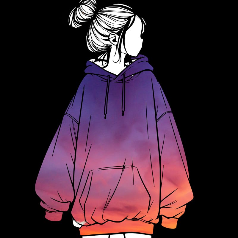 realistic girl with a oversized sweatshirt on and a bun