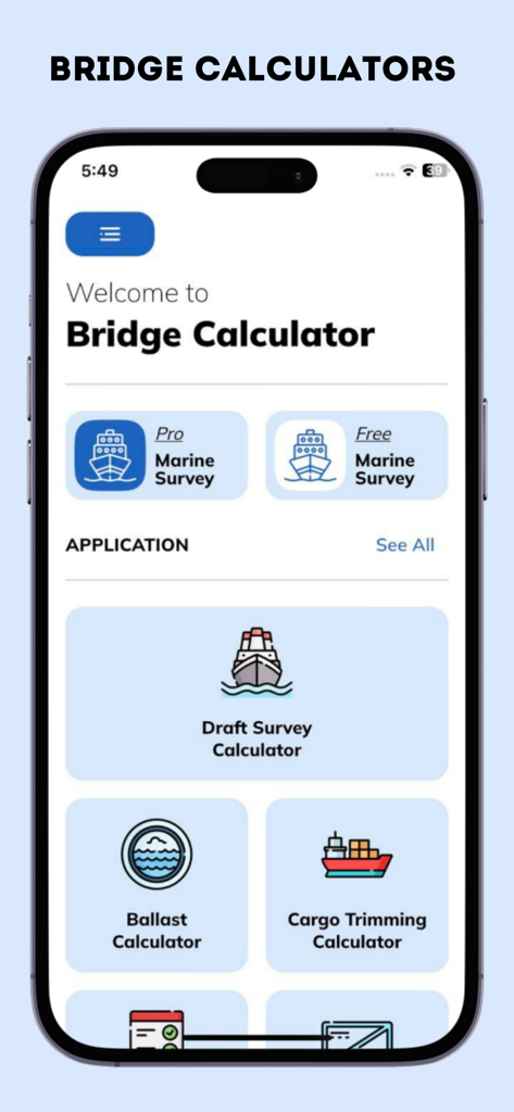 Bridge Calc: Draft & Ballast - Home screen of the Bridge Calc maritime application showing draft survey and ballast calculators