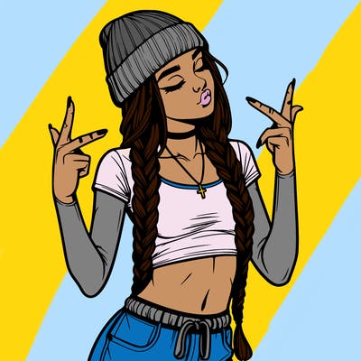 realistic teenage girl with braids and a beanie and crop top doing 🫶🏼