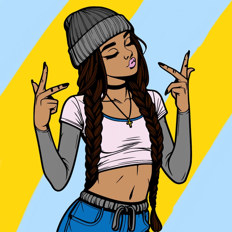 realistic teenage girl with braids and a beanie and crop top doing 🫶🏼