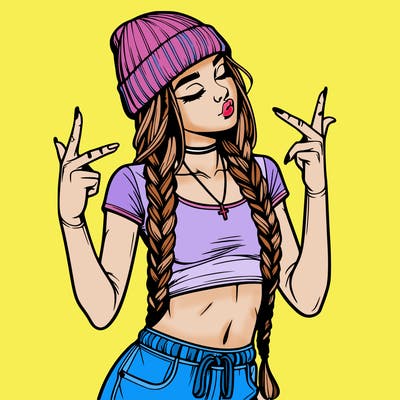 realistic teenage girl with braids and a beanie and crop top doing 🫶🏼