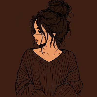realistic girl wearing a messy bun and an oversized sweater
