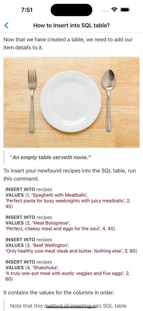 SQL Play — Learn SQL - A tutorial screen from the SQL Play app explaining how to use the INSERT INTO command to add rows to a database table using a recipe example.