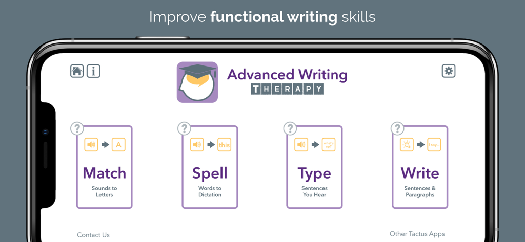 Main menu of the Advanced Writing Therapy app showing exercises for Match, Spell, Type, and Write to improve functional writing skills.
