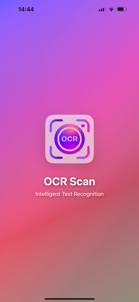 PhotoText OCR Pro - Pantalla de inicio de la aplicación PhotoText OCR Pro mostrando el icono de escaneo OCR y el título Reconocimiento Inteligente de Texto