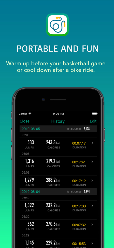줄넘기 마스터 앱 기록 화면, 점프 횟수, 칼로리, 지속 시간이 포함된 완료된 운동 목록 표시