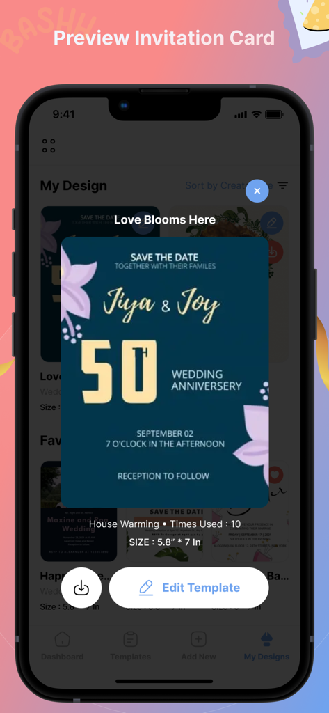 Invitation Design & Card Maker - A mobile app preview showing a 50th wedding anniversary invitation card design in CardGenie.