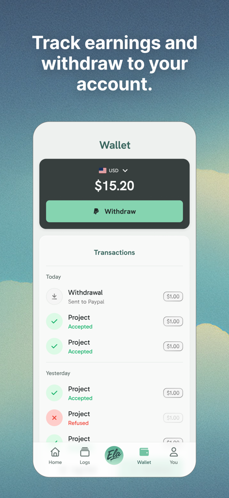 Ela - Your AI Companion - Ela app wallet interface showing a balance of fifteen dollars and twenty cents with a list of completed projects and a PayPal withdrawal button