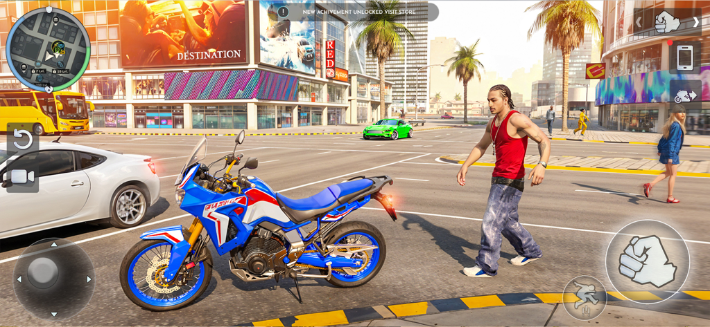 Street Rebel: Open World Game - A character walks past a blue motorcycle in an open world city street