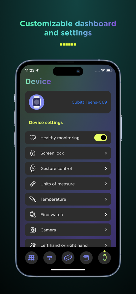 Cubitt Jr + Teens - Pantalla de smartphone de la página de configuración del dispositivo de la aplicación Cubitt Teens con monitorización de salud y opciones de personalización