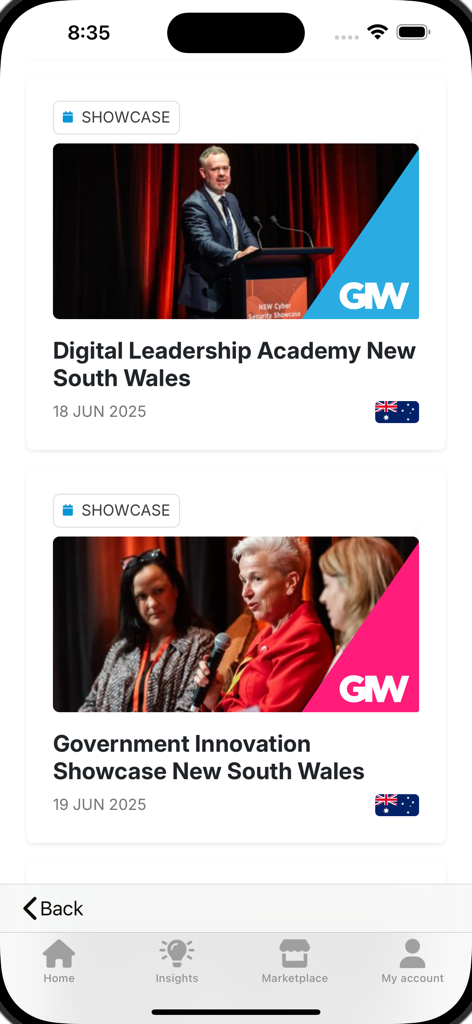 A mobile app screen for Public Sector Network showing upcoming professional showcase events for government innovation and leadership.